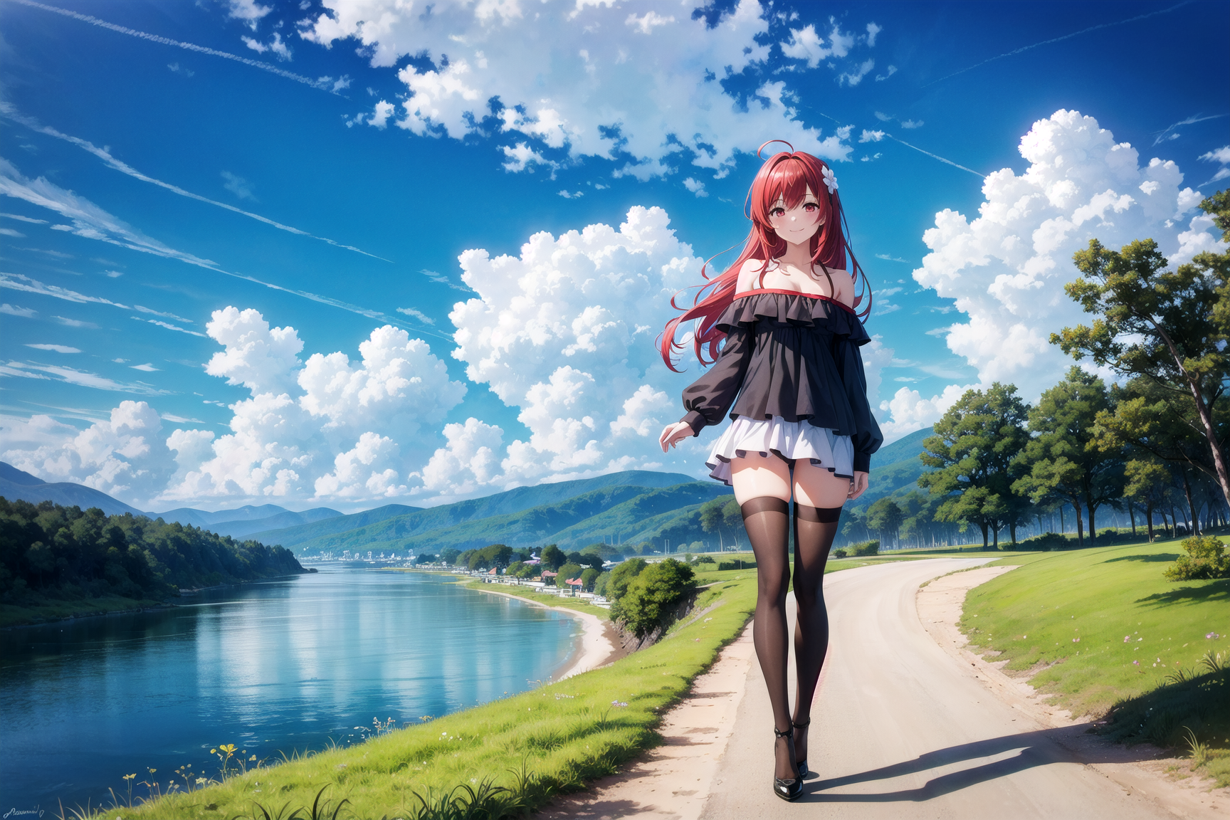 00067-4236503705-1girl, ahoge, bangs, bare shoulders, beach, black legwear, blue sky, blush, breasts, bush, cliff, cloud, cloudy sky, day, eyebro.png